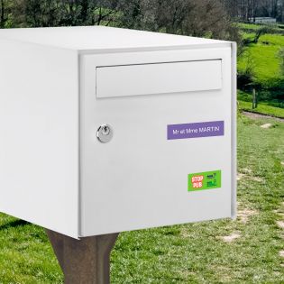 Plaque boite aux lettres personnalisée adhésive au format 100x25mm - violette- 1 ligne +Stickers Stop Pub Offerts
