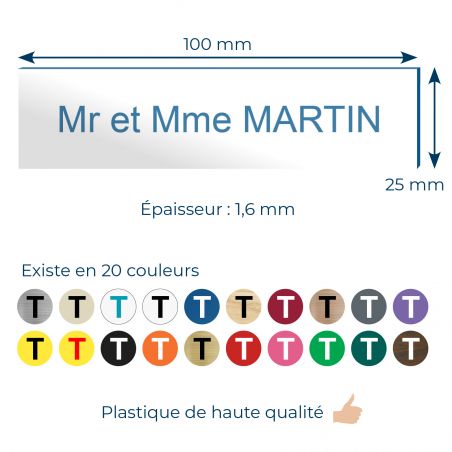 Plaque boite aux lettres personnalisée adhésive au format 100x25mm - blanche lettres bleues - 2 lignes