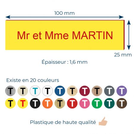 Plaque boite aux lettres personnalisée adhésive au format 100x25mm - Jaune lettres rouges - 2 lignes +Stickers Stop Pub Offerts