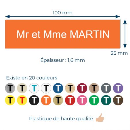 Plaque boite aux lettres personnalisée adhésive au format 100x25mm - orange lettres blanches - 2 lignes