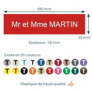 Plaque boite aux lettres personnalisée adhésive au format 100x25mm - rouge- 2 lignes +Stickers Stop Pub Offerts