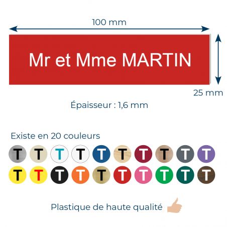 Plaque boite aux lettres personnalisée adhésive au format 100x25mm - rouge- 2 lignes +Stickers Stop Pub Offerts