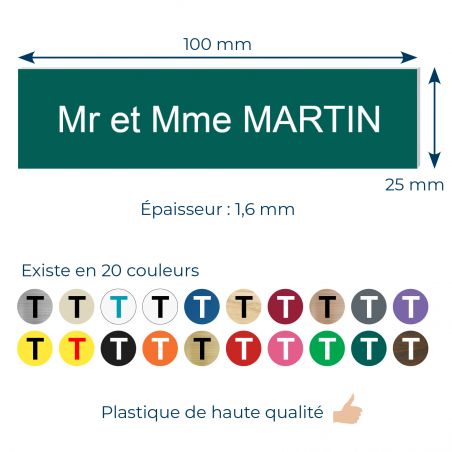 Plaque boite aux lettres personnalisée adhésive au format 100x25mm - vert foncé lettres blanches - 2 lignes
