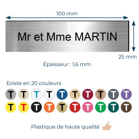 Plaque boite aux lettres personnalisée adhésive au format 100x25mm - argent- 3 lignes +Stickers Stop Pub Offerts