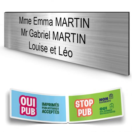 Plaque boite aux lettres personnalisée adhésive au format 100x25mm - argent- 3 lignes +Stickers Stop Pub Offerts