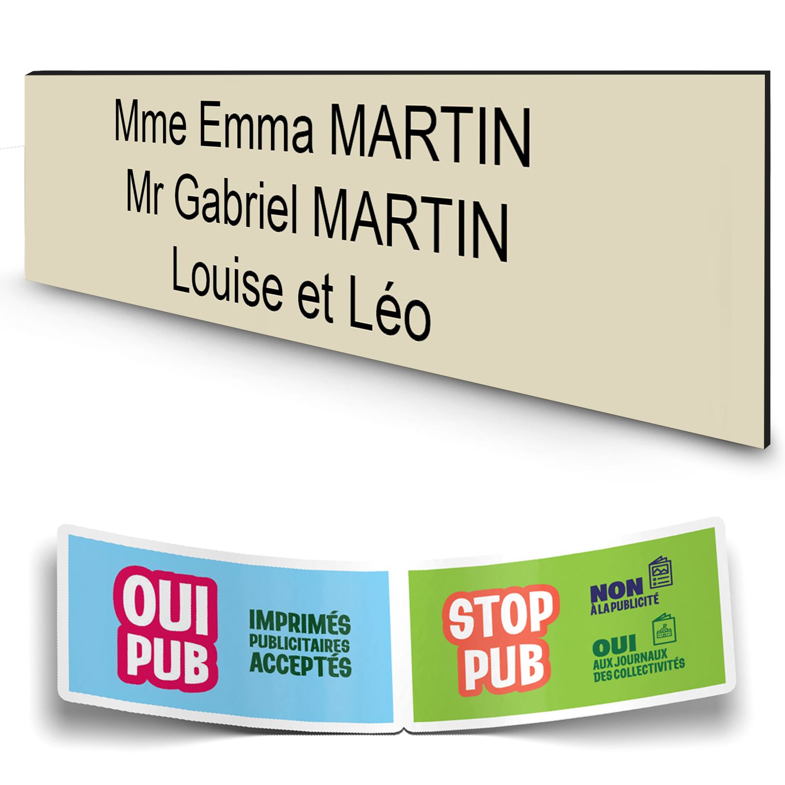 Plaque boite aux lettres personnalisée adhésive au format 100x25mm - beige- 3 lignes +Stickers Stop Pub Offerts
