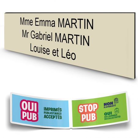 Plaque boite aux lettres personnalisée adhésive au format 100x25mm - beige lettres noires - 3 lignes