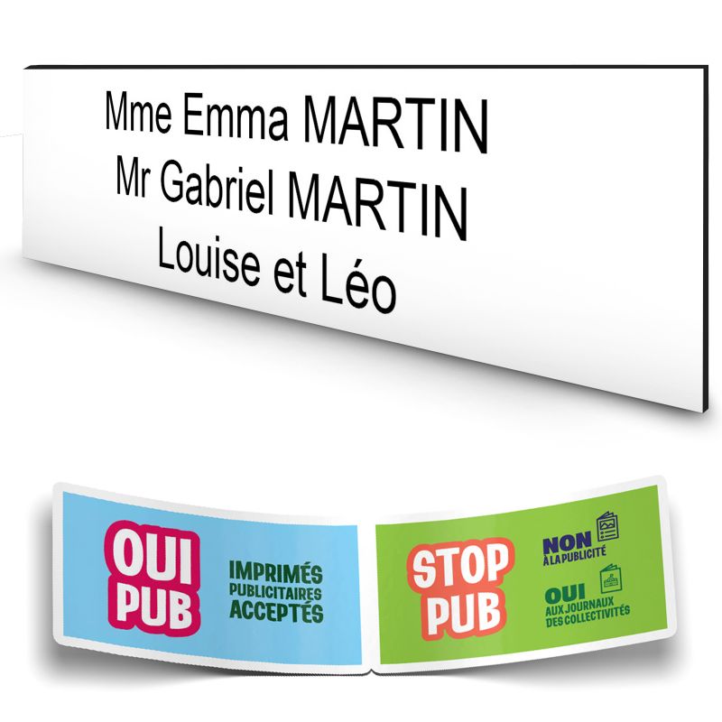 Plaque boite aux lettres personnalisée adhésive au format 100x25mm - blanche- 3 lignes +Stickers Stop Pub Offerts Plaque boite aux lettres personnalisée adhésive au format 100x25mm - blanche- 3 lignes +Stickers Stop Pub Offerts