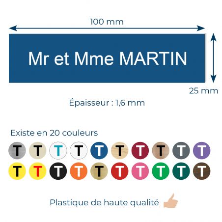 Plaque boite aux lettres personnalisée adhésive au format 100x25mm - bleue lettres blanches - 3 lignes