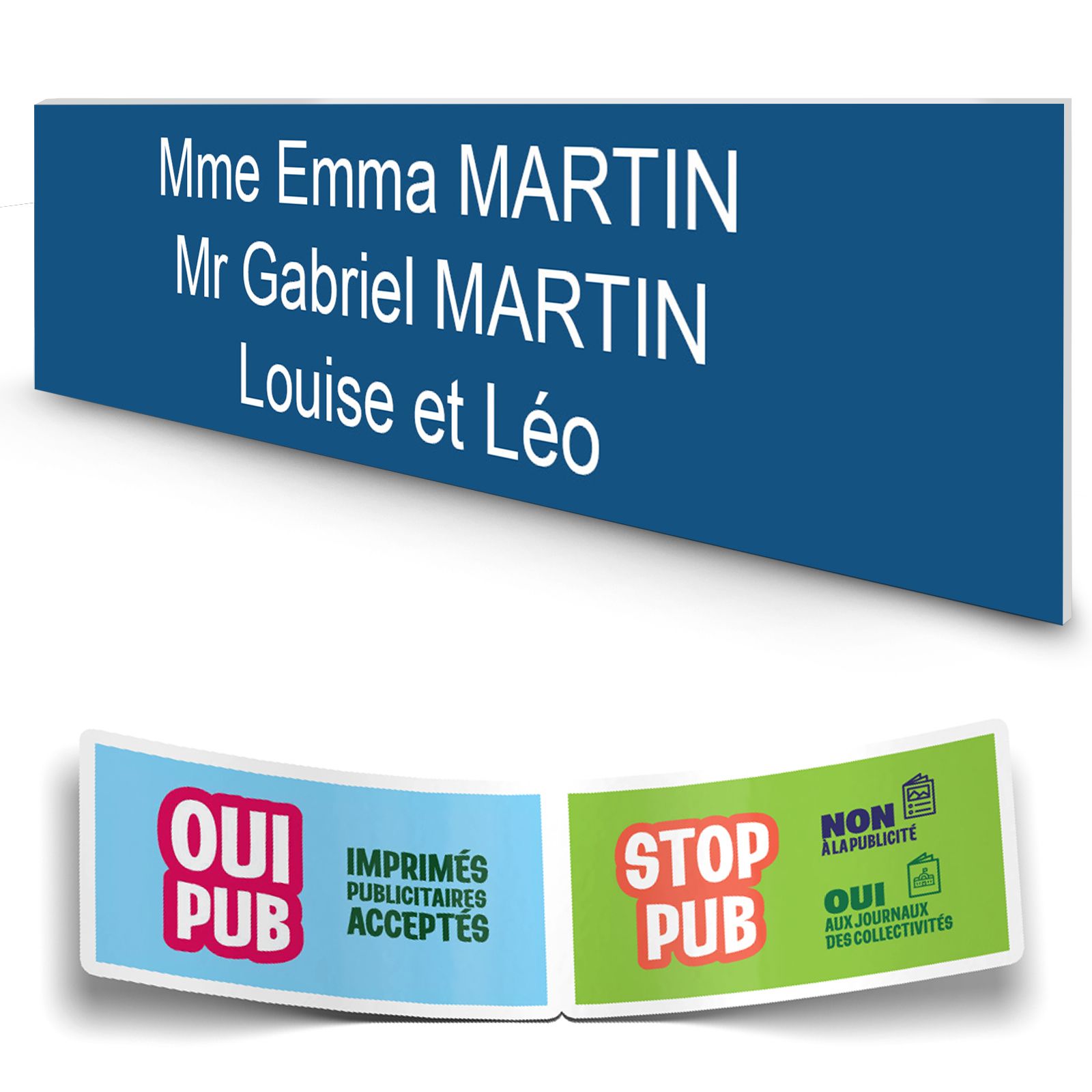 Plaque boite aux lettres personnalisée adhésive au format 100x25mm - bleue- 3 lignes +Stickers Stop Pub Offerts