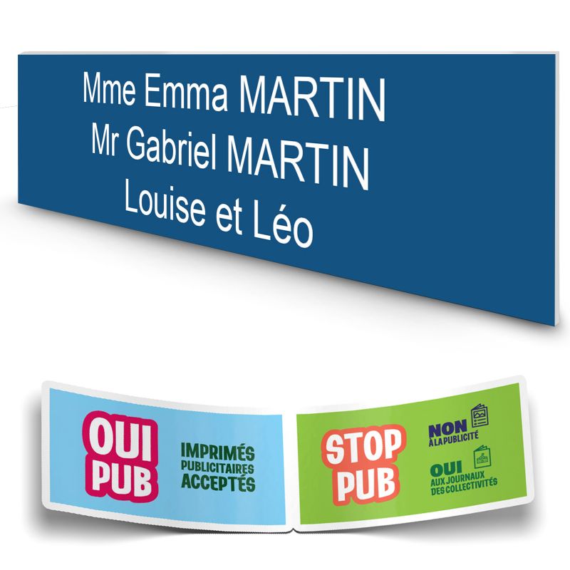 Plaque boite aux lettres personnalisée adhésive au format 100x25mm - bleue- 3 lignes +Stickers Stop Pub Offerts Plaque boite aux lettres personnalisée adhésive au format 100x25mm - bleue- 3 lignes +Stickers Stop Pub Offerts