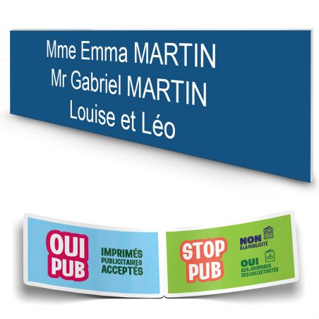 Plaque boite aux lettres personnalisée adhésive au format 100x25mm - bleue- 3 lignes +Stickers Stop Pub Offerts