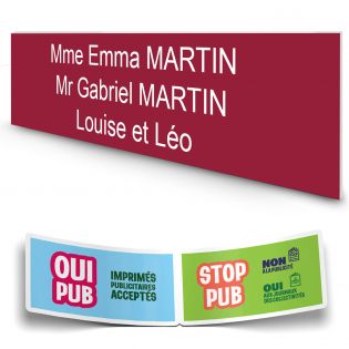 Plaque boite aux lettres personnalisée adhésive au format 100x25mm - bordeaux - 3 lignes +Stickers Stop Pub Offerts