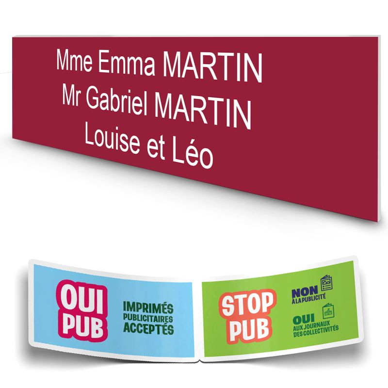 Plaque boite aux lettres personnalisée adhésive au format 100x25mm - bordeaux - 3 lignes +Stickers Stop Pub Offerts Plaque boite aux lettres personnalisée adhésive au format 100x25mm - bordeaux - 3 lignes +Stickers Stop Pub Offerts