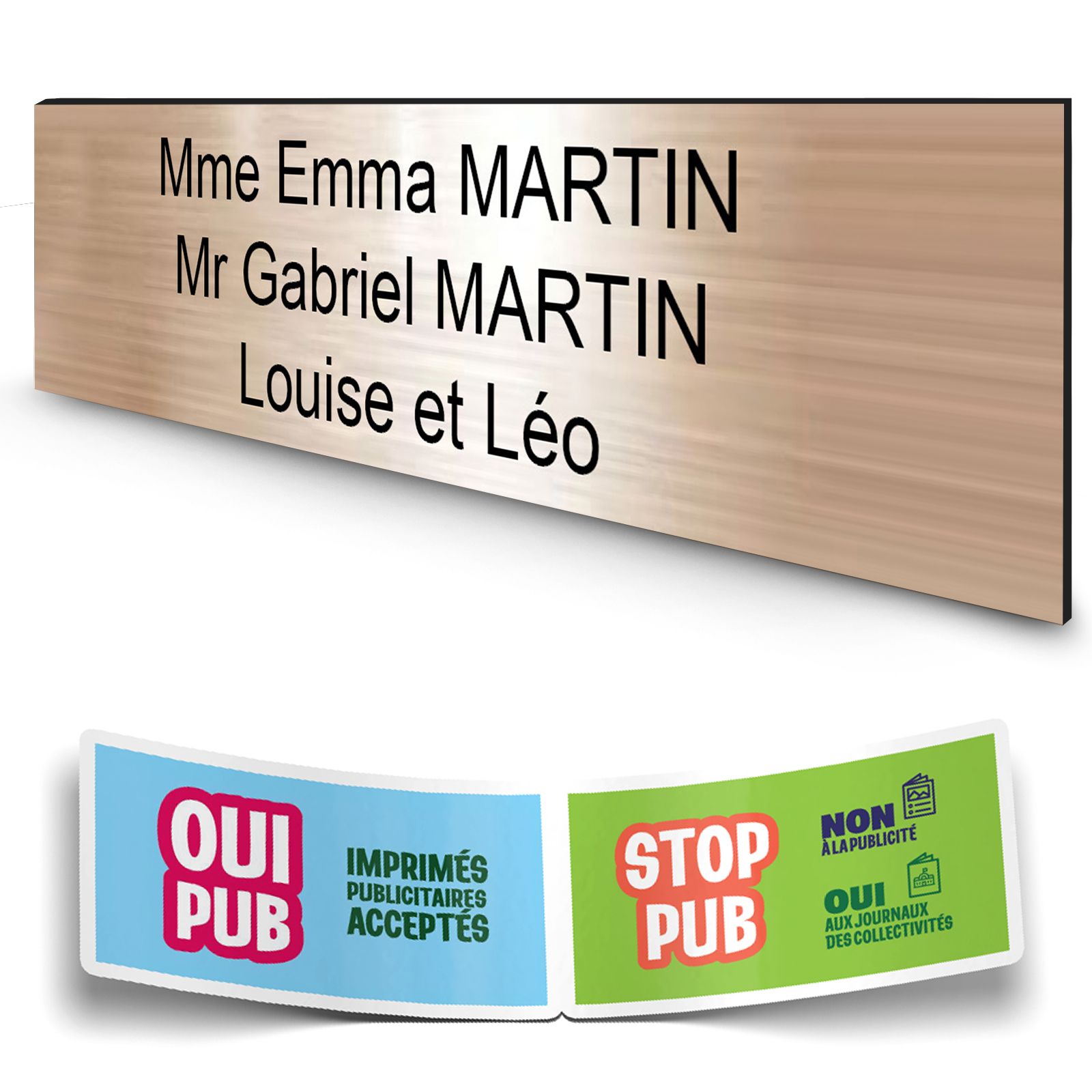 Plaque boite aux lettres personnalisée adhésive au format 100x25mm - cuivre- 3 lignes +Stickers Stop Pub Offerts
