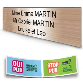 Plaque boite aux lettres personnalisée adhésive au format 100x25mm - cuivre- 3 lignes +Stickers Stop Pub Offerts