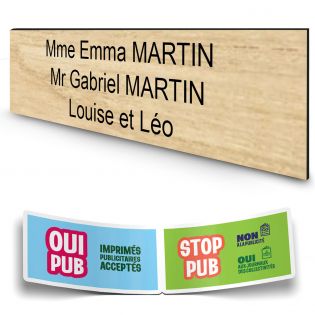 Plaque boite aux lettres personnalisée adhésive au format 100x25mm - effet bois clair- 3 lignes +Stickers Stop Pub Offerts
