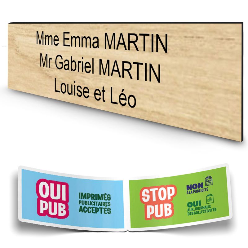 Plaque boite aux lettres personnalisée adhésive au format 100x25mm - effet bois clair- 3 lignes +Stickers Stop Pub Offerts Plaque boite aux lettres personnalisée adhésive au format 100x25mm - effet bois clair- 3 lignes +Stickers Stop Pub Offerts