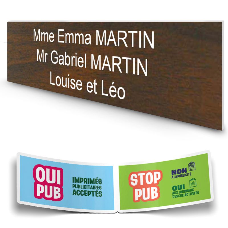 Plaque boite aux lettres personnalisée adhésive au format 100x25mm - effet bois foncé- 3 lignes +Stickers Stop Pub Offerts Plaque boite aux lettres personnalisée adhésive au format 100x25mm - effet bois foncé- 3 lignes +Stickers Stop Pub Offerts