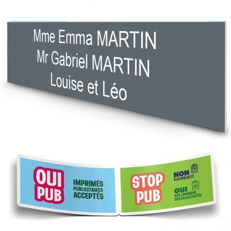 Plaque boite aux lettres personnalisée adhésive au format 100x25mm - grise- 3 lignes +Stickers Stop Pub Offerts