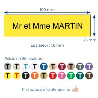 Plaque boite aux lettres personnalisée adhésive au format 100x25mm - jaune- 3 lignes +Stickers Stop Pub Offerts