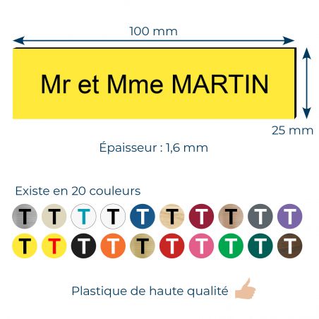 Plaque boite aux lettres personnalisée adhésive au format 100x25mm - jaune- 3 lignes +Stickers Stop Pub Offerts