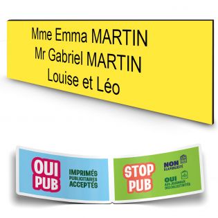 Plaque boite aux lettres personnalisée adhésive au format 100x25mm - jaune- 3 lignes +Stickers Stop Pub Offerts