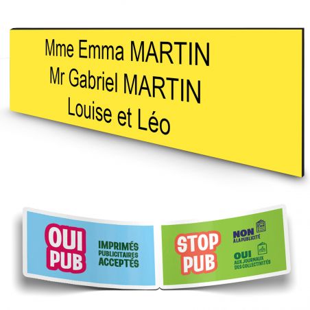Plaque boite aux lettres personnalisée adhésive au format 100x25mm - jaune- 3 lignes +Stickers Stop Pub Offerts