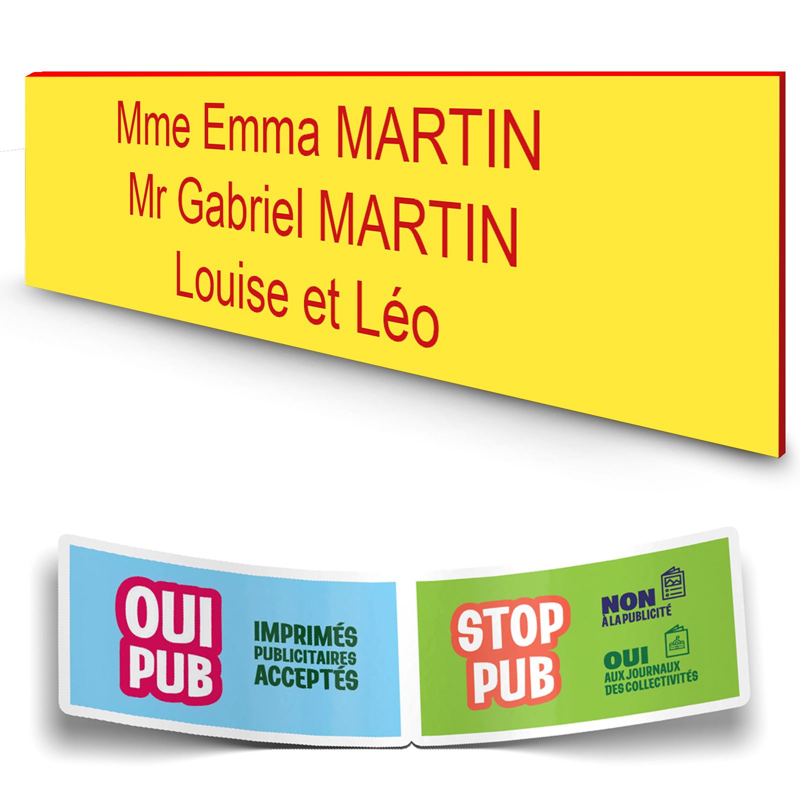 Plaque boite aux lettres personnalisée adhésive au format 100x25mm - Jaune lettres rouges - 3 lignes