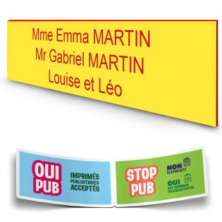Plaque boite aux lettres personnalisée adhésive au format 100x25mm - Jaune lettres rouges - 3 lignes