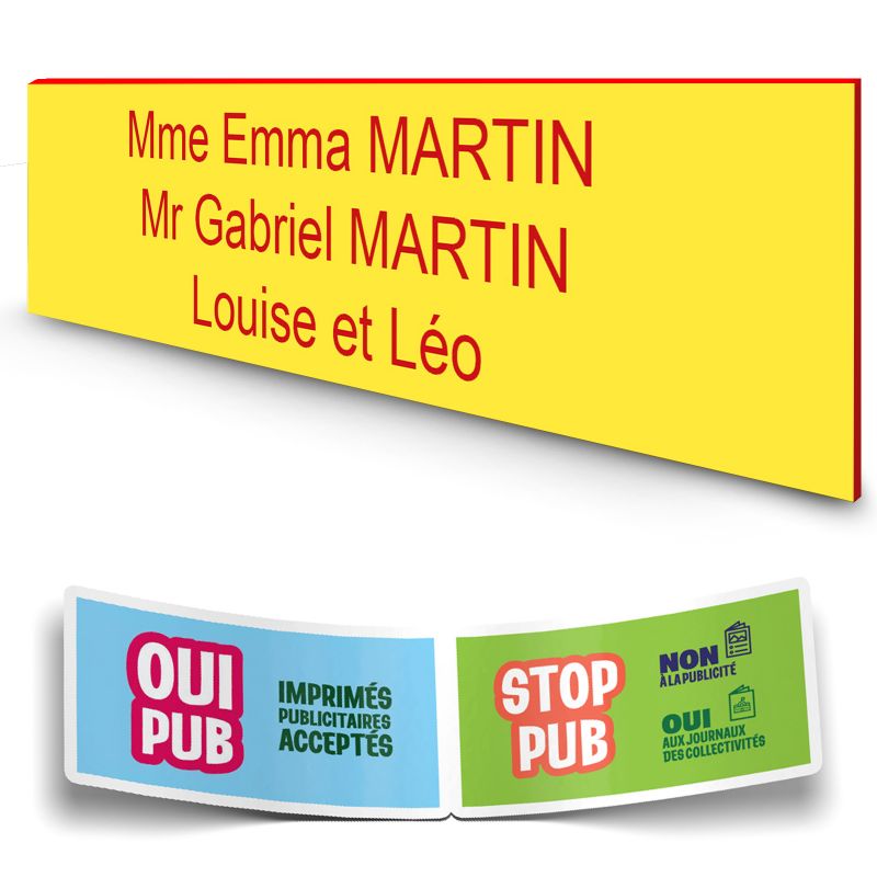 Plaque boite aux lettres personnalisée adhésive au format 100x25mm - Jaune lettres rouges - 3 lignes Plaque boite aux lettres personnalisée adhésive au format 100x25mm - Jaune lettres rouges - 3 lignes