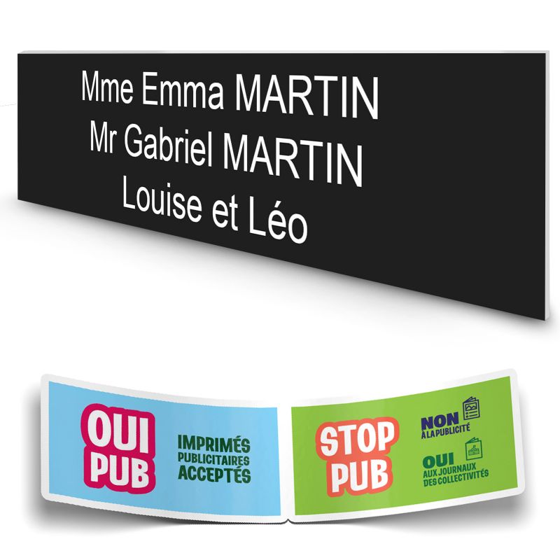 Plaque boite aux lettres personnalisée adhésive au format 100x25mm - noire- 3 lignes +Stickers Stop Pub Offerts Plaque boite aux lettres personnalisée adhésive au format 100x25mm - noire- 3 lignes +Stickers Stop Pub Offerts