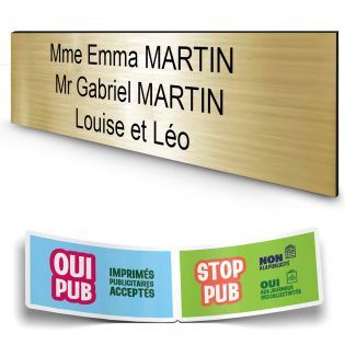Plaque boite aux lettres personnalisée adhésive au format 100x25mm - or brossé lettres noires - 3 lignes