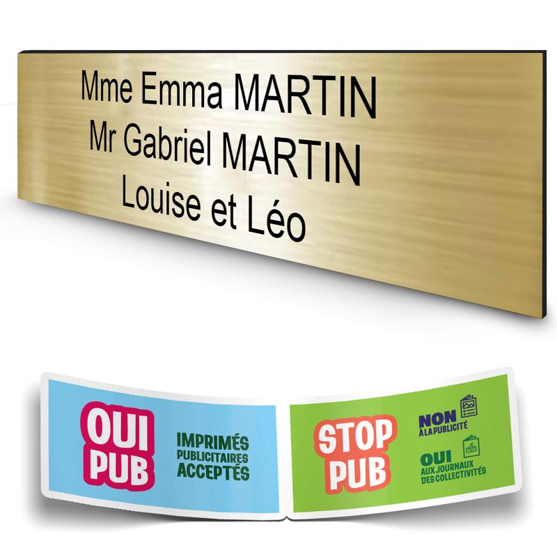 Plaque boite aux lettres personnalisée adhésive au format 100x25mm - or brossé lettres noires - 3 lignes Plaque boite aux lettres personnalisée adhésive au format 100x25mm - or brossé lettres noires - 3 lignes