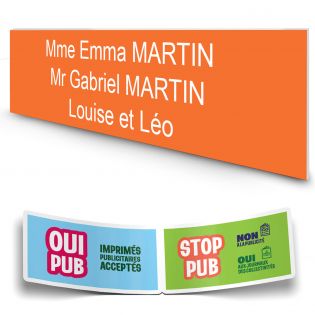 Plaque boite aux lettres personnalisée adhésive au format 100x25mm - orange- 3 lignes +Stickers Stop Pub Offerts