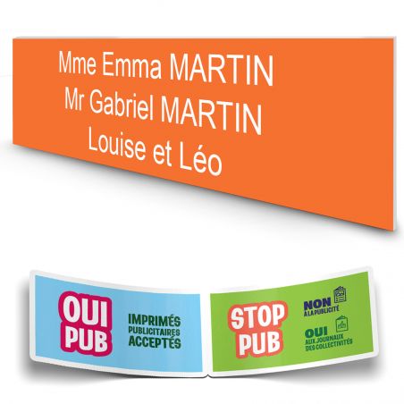 Plaque boite aux lettres personnalisée adhésive au format 100x25mm - orange- 3 lignes +Stickers Stop Pub Offerts