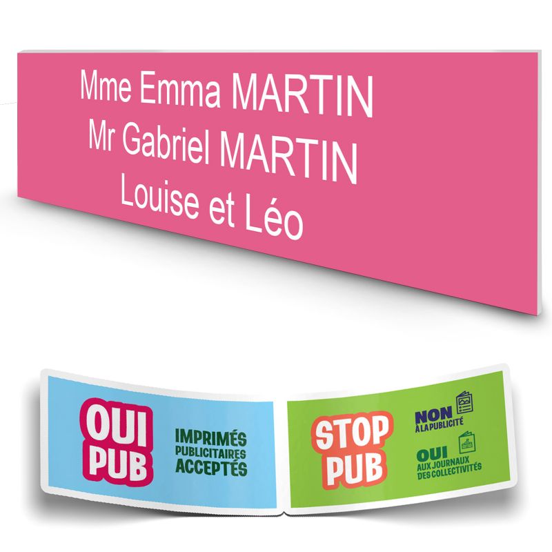 Plaque boite aux lettres personnalisée adhésive au format 100x25mm - rose- 3 lignes +Stickers Stop Pub Offerts Plaque boite aux lettres personnalisée adhésive au format 100x25mm - rose- 3 lignes +Stickers Stop Pub Offerts