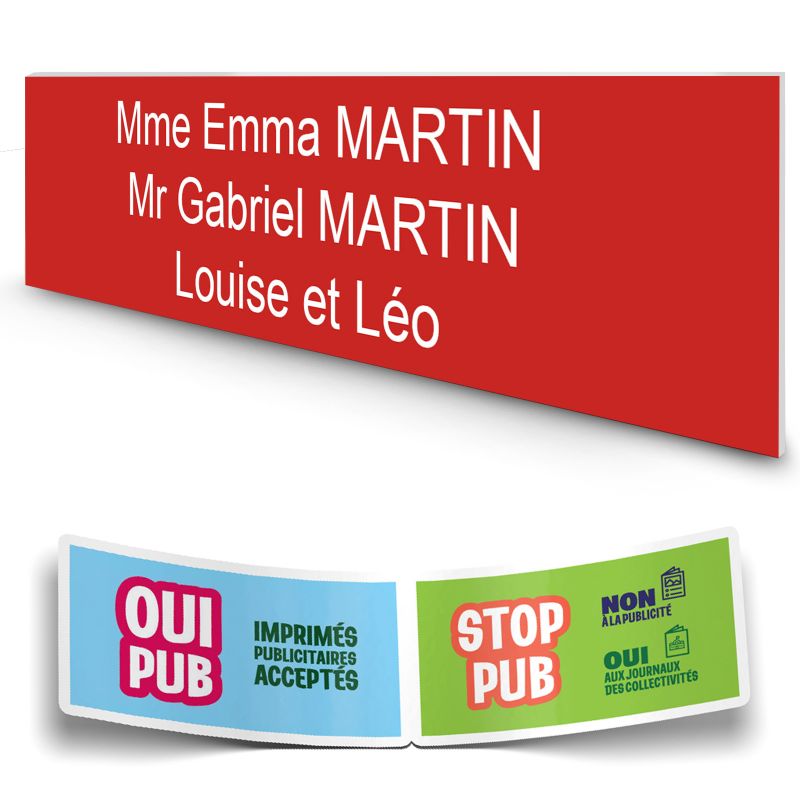 Plaque boite aux lettres personnalisée adhésive au format 100x25mm - rouge- 3 lignes +Stickers Stop Pub Offerts Plaque boite aux lettres personnalisée adhésive au format 100x25mm - rouge- 3 lignes +Stickers Stop Pub Offerts
