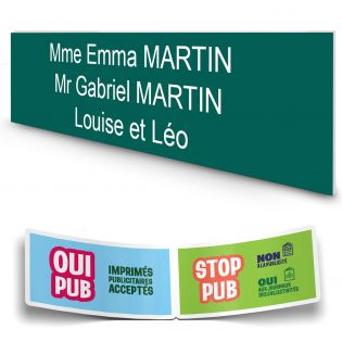 Plaque boite aux lettres personnalisée adhésive au format 100x25mm - vert foncé- 3 lignes +Stickers Stop Pub Offerts