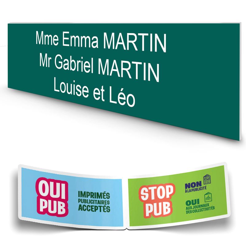 Plaque boite aux lettres personnalisée adhésive au format 100x25mm - vert foncé- 3 lignes +Stickers Stop Pub Offerts Plaque boite aux lettres personnalisée adhésive au format 100x25mm - vert foncé- 3 lignes +Stickers Stop Pub Offerts