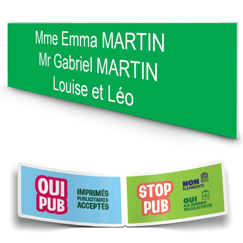 Plaque boite aux lettres personnalisée adhésive au format 100x25mm - vert pomme- 3 lignes +Stickers Stop Pub Offerts Plaque boite aux lettres personnalisée adhésive au format 100x25mm - vert pomme- 3 lignes +Stickers Stop Pub Offerts