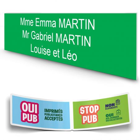 Plaque boite aux lettres personnalisée adhésive au format 100x25mm - vert pomme- 3 lignes +Stickers Stop Pub Offerts