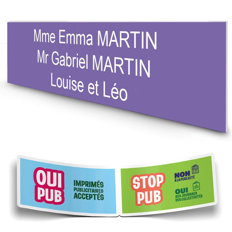 Plaque boite aux lettres personnalisée adhésive au format 100x25mm - violette- 3 lignes +Stickers Stop Pub Offerts Plaque boite aux lettres personnalisée adhésive au format 100x25mm - violette- 3 lignes +Stickers Stop Pub Offerts
