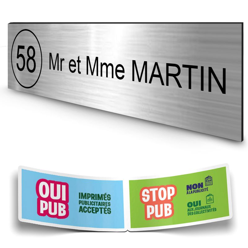 Plaque boite aux lettres NUMERO adhésive (100x25mm) argent lettres noires - 1 ligne + Stickers STOP PUB offerts Plaque boite aux lettres NUMERO adhésive (100x25mm) argent lettres noires - 1 ligne + Stickers STOP PUB offerts