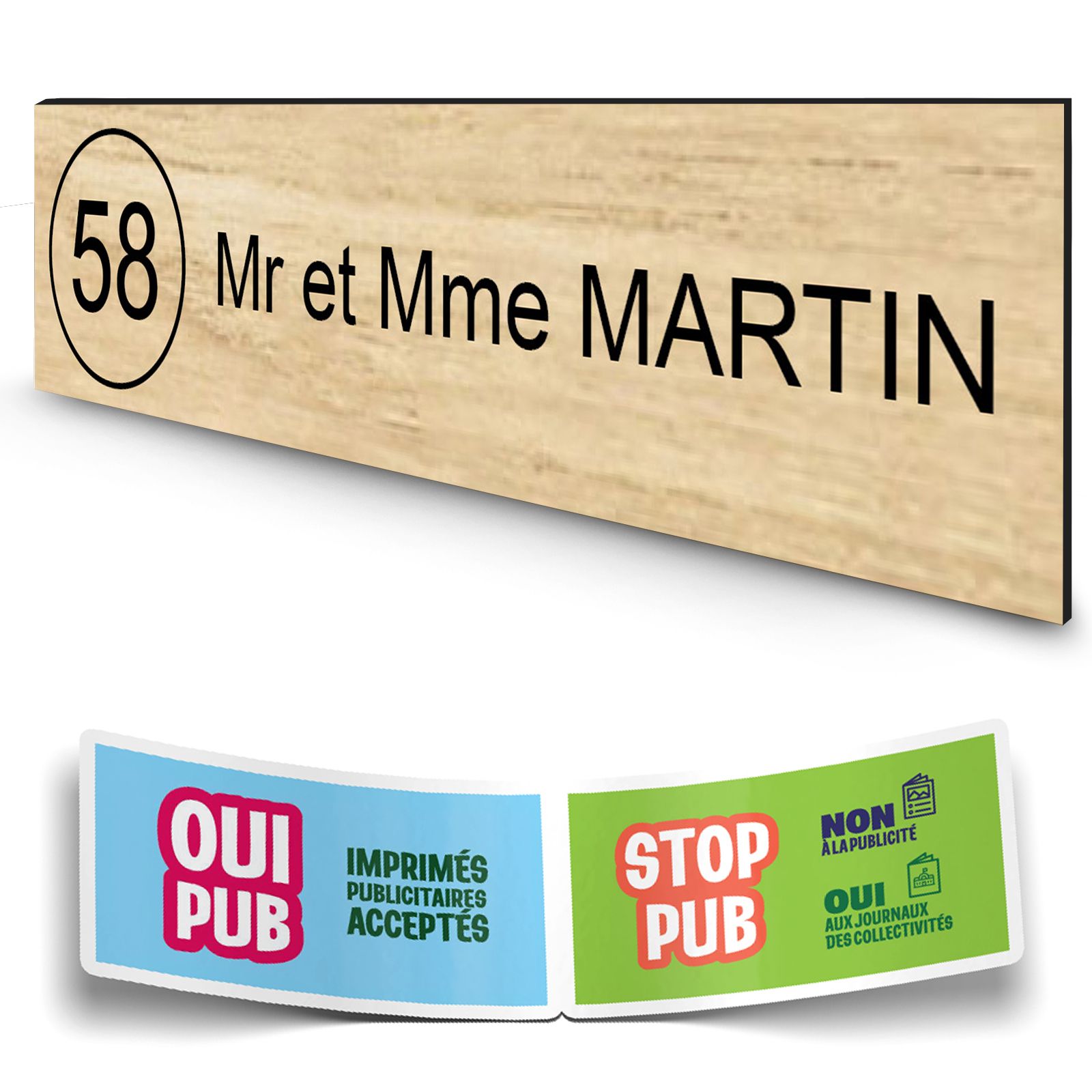 Plaque boite aux lettres NUMERO adhésive (100x25mm) effet bois clair lettres noires - 1 ligne
