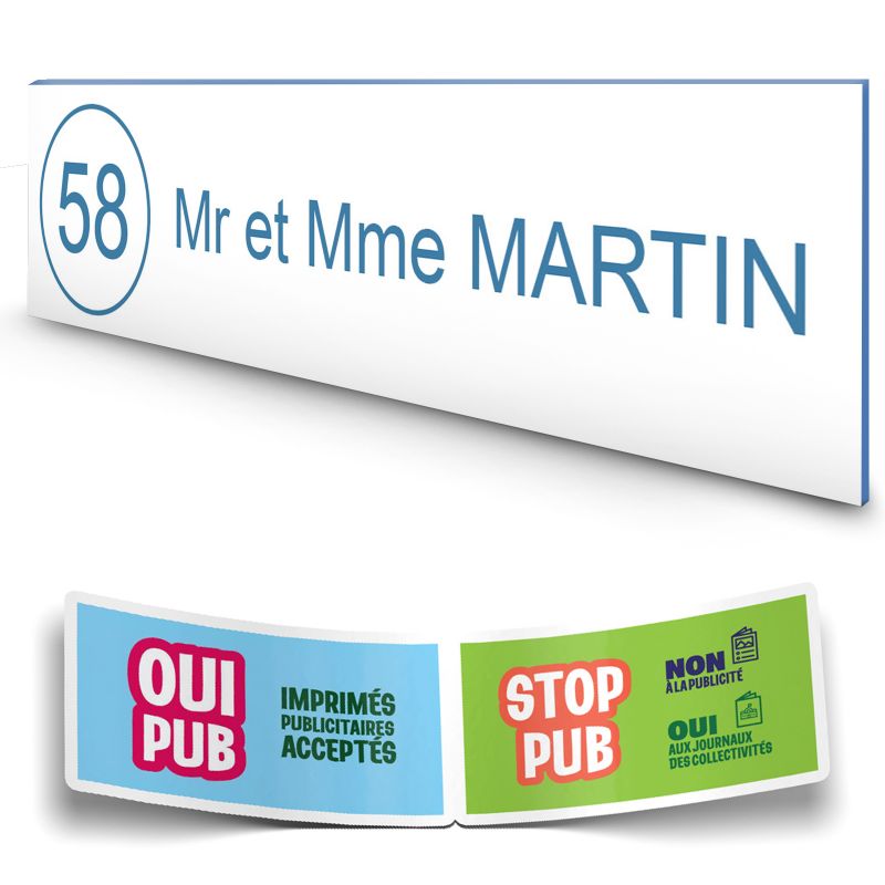 Plaque boite aux lettres NUMERO adhésive (100x25mm) blanche lettres bleues - 1 ligne + Stickers STOP PUB offerts Plaque boite aux lettres NUMERO adhésive (100x25mm) blanche lettres bleues - 1 ligne + Stickers STOP PUB offerts