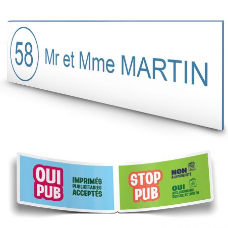 Plaque boite aux lettres NUMERO adhésive (100x25mm) blanche lettres bleues - 1 ligne + Stickers STOP PUB offerts