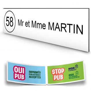 Plaque boite aux lettres NUMERO adhésive (100x25mm) blanche lettres noires - 1 ligne + Stickers STOP PUB offerts