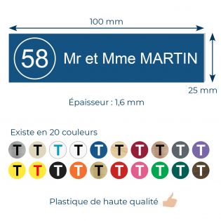 Plaque boite aux lettres NUMERO adhésive (100x25mm) bleue lettres blanches - 1 ligne + Stickers STOP PUB offerts