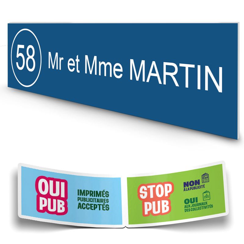 Plaque boite aux lettres NUMERO adhésive (100x25mm) bleue lettres blanches - 1 ligne + Stickers STOP PUB offerts Plaque boite aux lettres NUMERO adhésive (100x25mm) bleue lettres blanches - 1 ligne + Stickers STOP PUB offerts